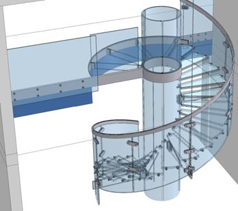 3D-Zeichungung einer Wendeltreppe aus Glas